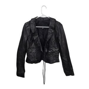 VTG Y2K Old Navy Black Ruffled Real Leather Jacket Crop Dark Romantic Medium